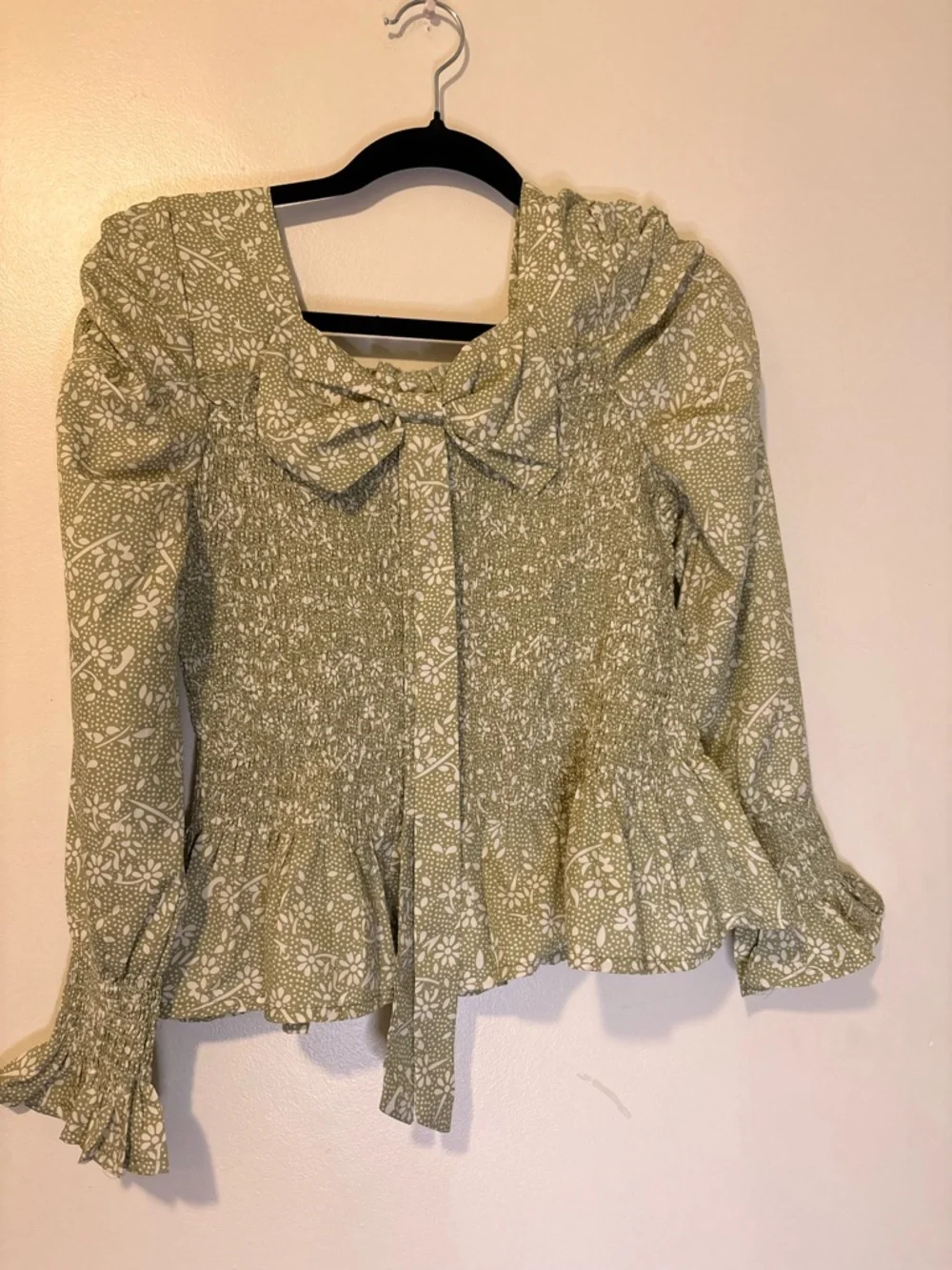 Sage Green Floral Smocked Peplum Blouse Puff Sleeve Cottagecore Top XL - Picture 4 of 5
